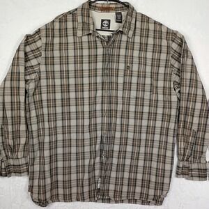 Timberland Mens 2XL Brown Plaid Long Sleeve Cotton Button Down Shirt Pocket Logo